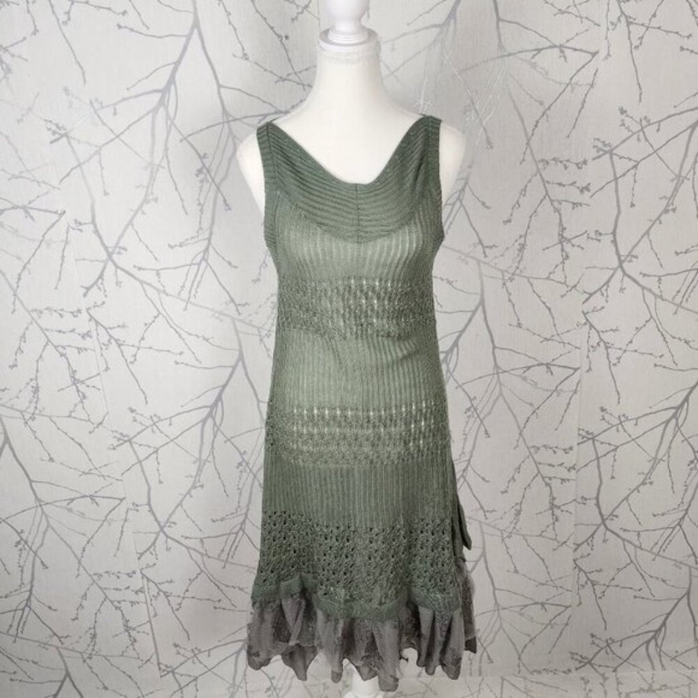 S Deer Concept Green Open Knit Flowy Peplum Midi Dress